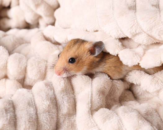 Ein Zwerghamster liegt in einer Decke